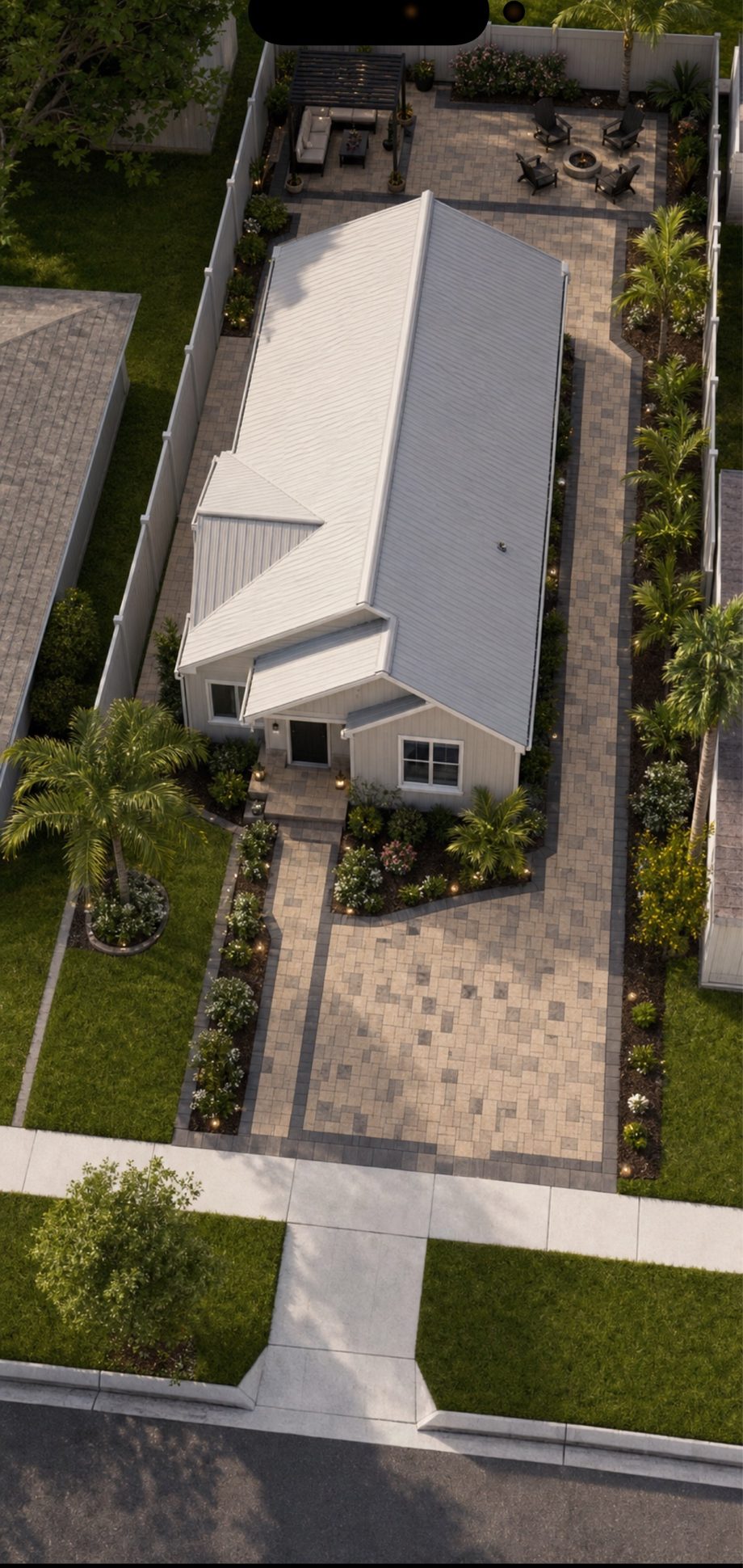 Aerial 3D rendering of a backyard with paver patio and fire pit