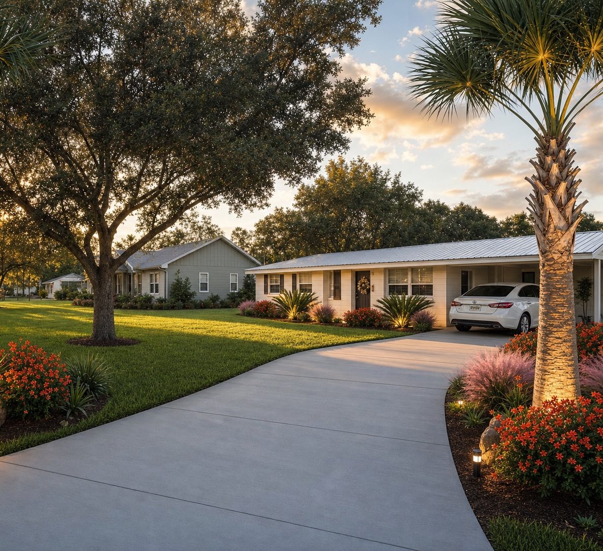 3D rendering of a driveway approach lined with palms