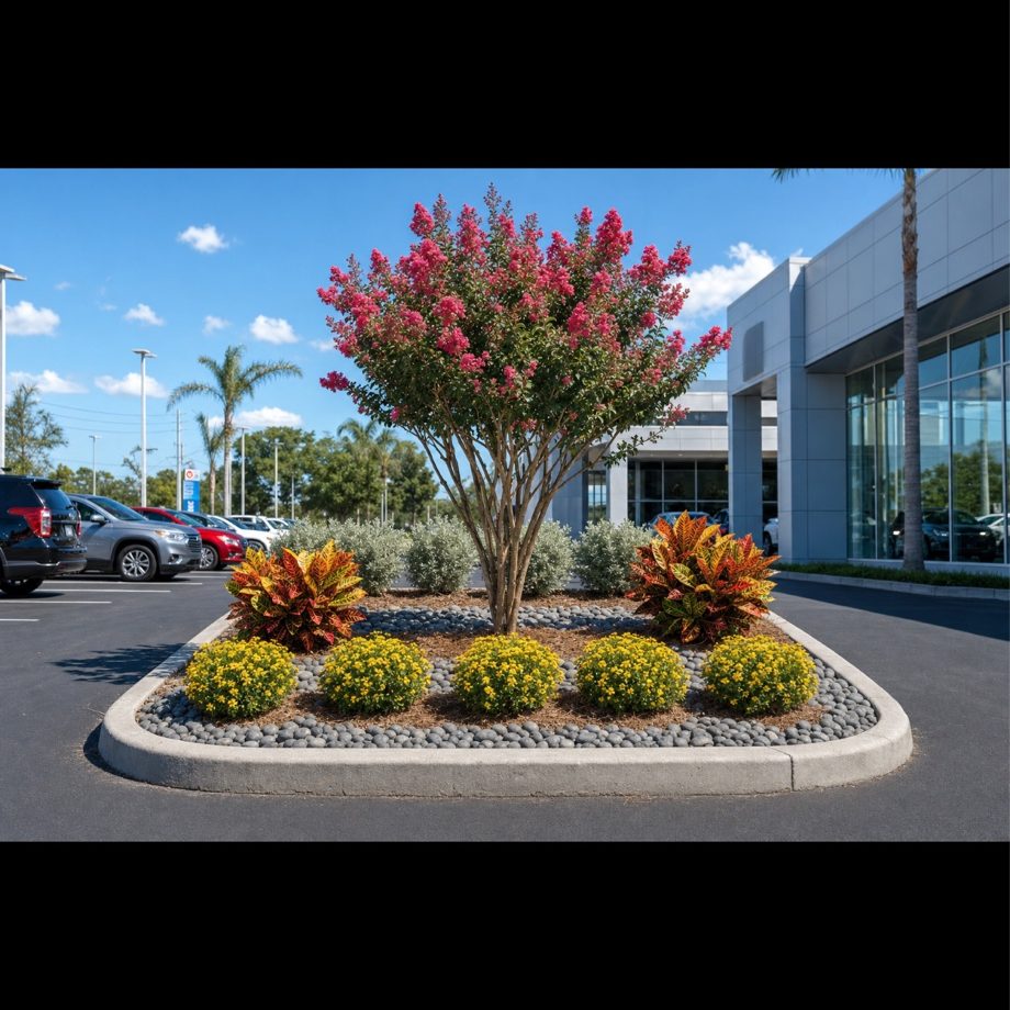 3D rendering of a commercial parking-lot island with tree and flowers